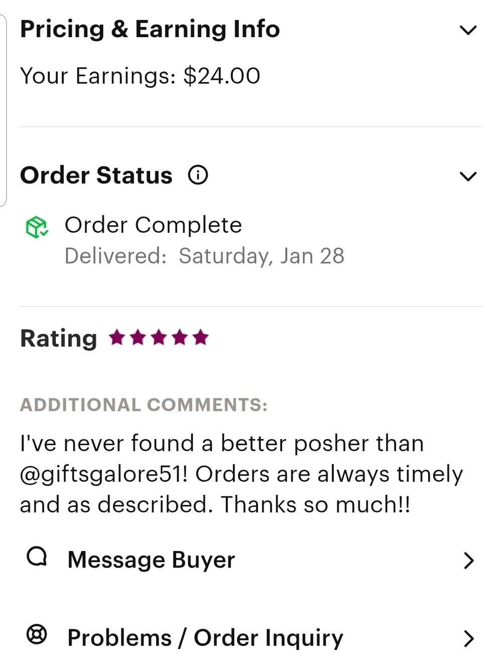 Poshmark Order Screenshot Showing Five-Star Rating